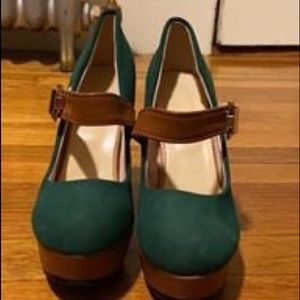 Brown and green closed toe maryjane heels